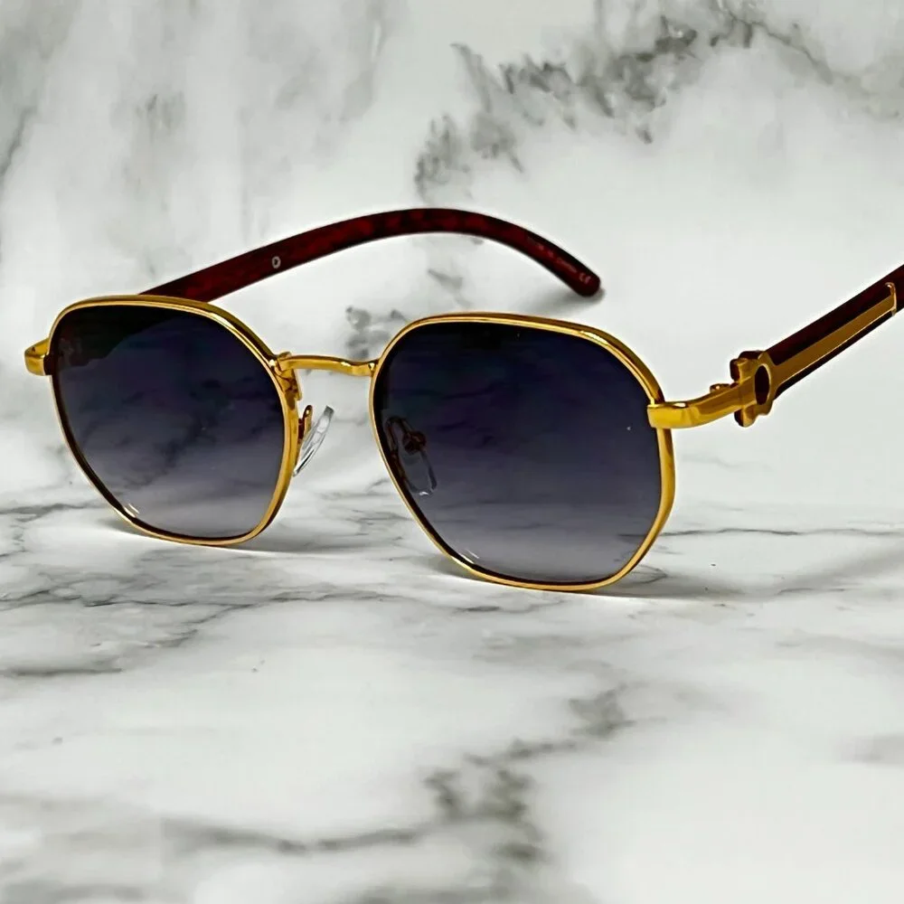 Men Sunglasses Trendy Black Lens Flat Fashion‎ Retro Shades Gold Metal Hip Hop